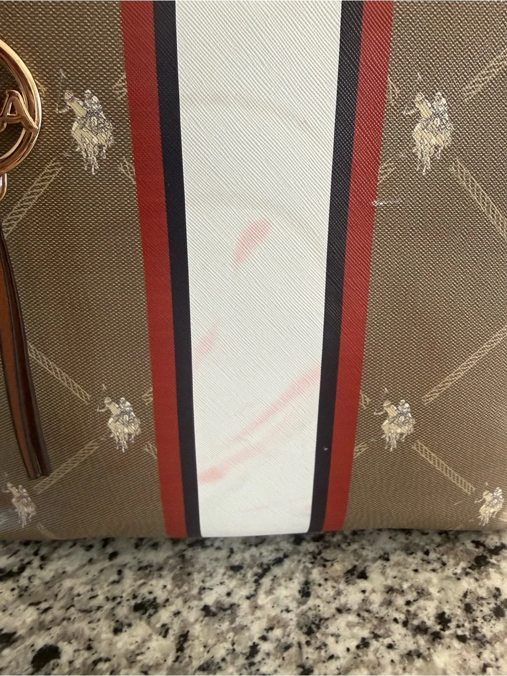U.S. Polo Assn. Taupe Tote with White, Red and Navy Center Stripe